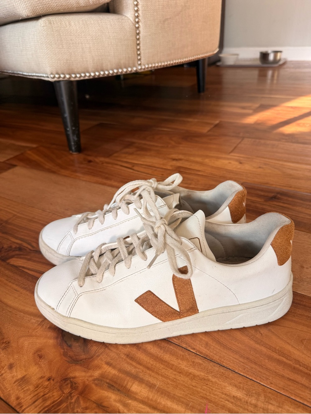Veja White Leather Sneakers with Tan Suede V Detail Campos
